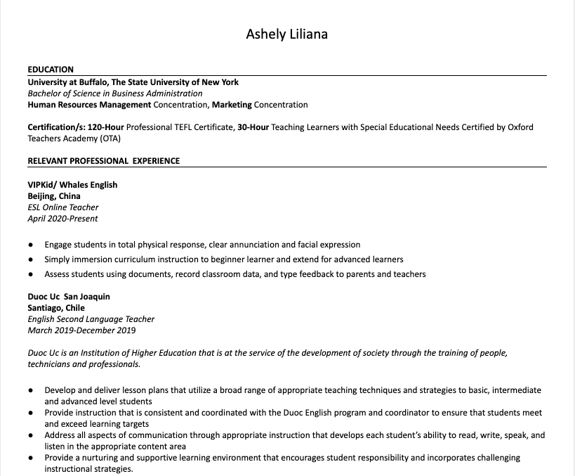Resume for ESL Teacher
